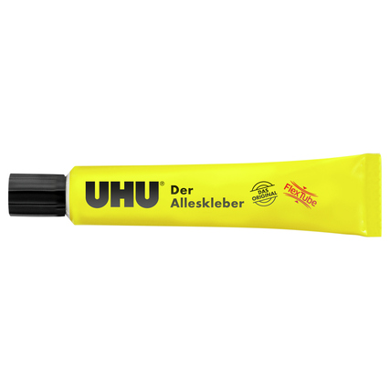 Gelbe Kunststofftube des UHU Allesklebers mit schwarzem Deckel und einer flexiblen Spitze.