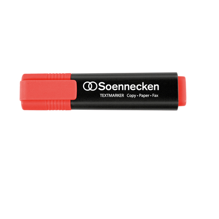 Roter Textmarker mit schwarzem Gehäuse und Clip, geeignet für verschiedene Papiersorten.