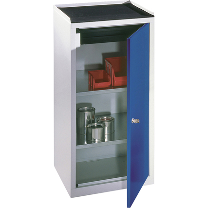 Werkzeugschrank mit blauer Tür, verstellbaren Böden und durchgehender Schublade oben.
