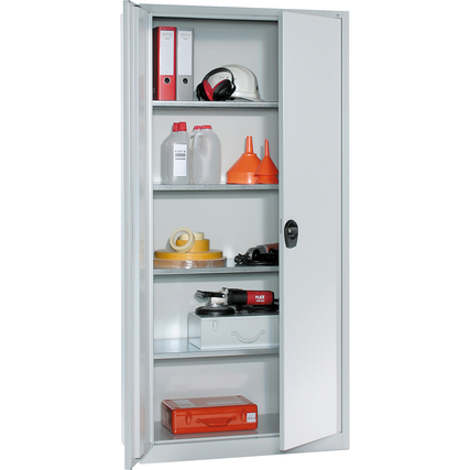 Stahlflügeltürenschrank mit mehreren Regalen und verschiedenen Lagergegenständen im Innenraum.