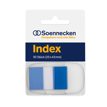Blaue Haftstreifen im praktischen Spender zur Markierung von Unterlagen.