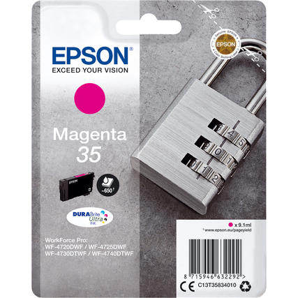 Magenta Tintenpatrone 35 in Verpackung mit Sichtfenster und einem Vorhängeschloss.