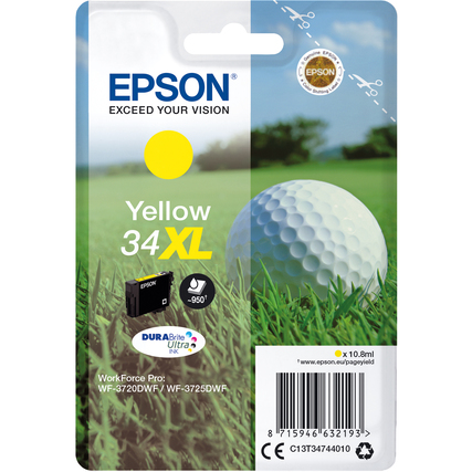 Gelbe Epson Tintenpatrone 34XL in Verpackung mit einem Golfball auf Gras im Hintergrund.