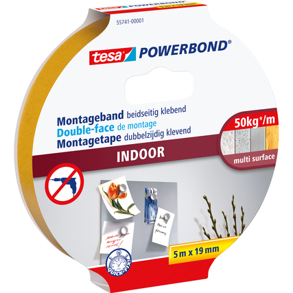 tesa® Montageklebeband Powerbond® Indoor Innenbereich 19 mm x 5 m (B x L) 5kg beidseitig klebend weiß