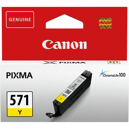 Gelbe Canon Tintenpatrone CLI-571Y in Verpackung mit Produktbezeichnung und Markenlogo.