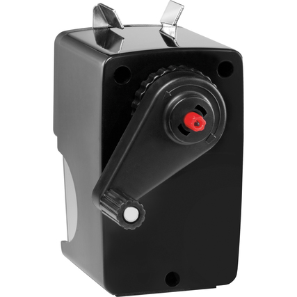 Schwarz-weiße Spitzmaschine mit Spannklemme zur Tischbefestigung und Drehmechanismus.