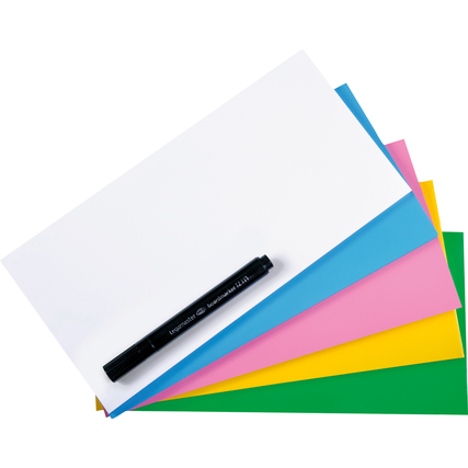 Farbig sortierte Moderationsfolien in verschiedenen Farben mit einem schwarzen Marker.