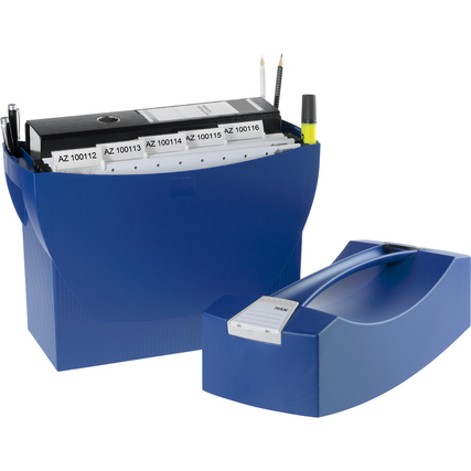 Hängemappenbox SWING-PLUS in Blau mit integriertem Köcher und Beschriftungsschild.