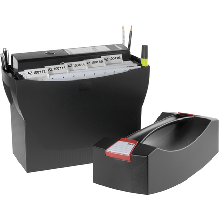 Hängemappenbox SWING-PLUS in schwarz mit Deckel und integriertem Köcher für Stifte.