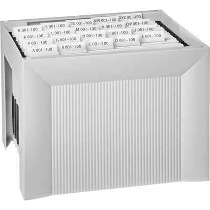 Lichtgraue Hängemappenbox mit Tragegriffen und schräg montierten Ordnerlabels.