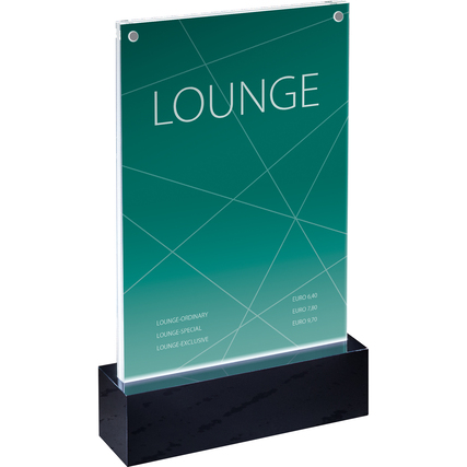 LED Tischaufsteller im DIN A5 Format mit halbtransparentem Schild und schwarzem Sockel.