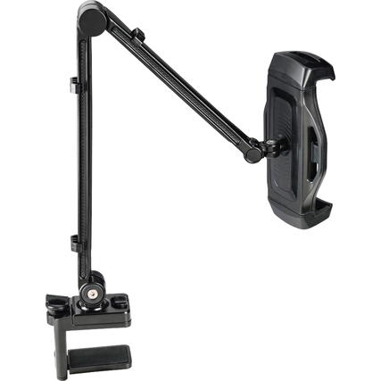 Tablethalterung mit verstellbarem Arm zur Befestigung an Tischplatten und Regalböden.