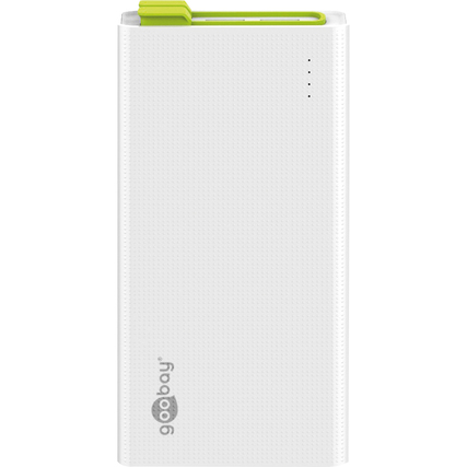 Weiße Powerbank mit grünem Kopf, integriertem USB-Ladekabel und drei Anzeige-LEDs.