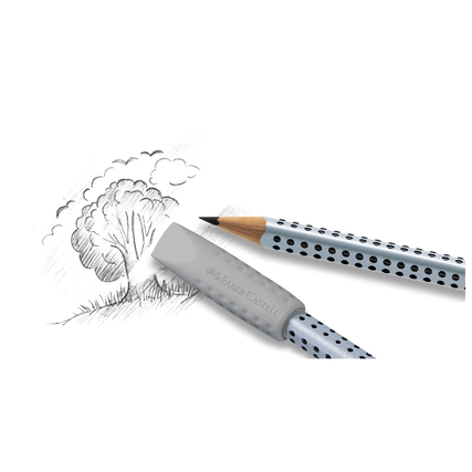 Grauer Radierer mit Punkte-Design, kombiniert mit Bleistift und skizzierter Baumdarstellung.