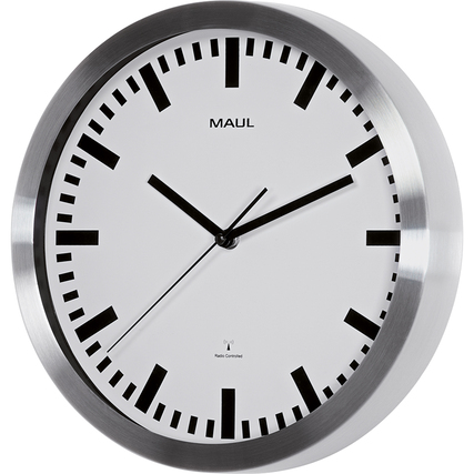 Wanduhr mit breitem Rahmen, schwarzen Balkenstrichen und automatischer Zeitsynchronisation.
