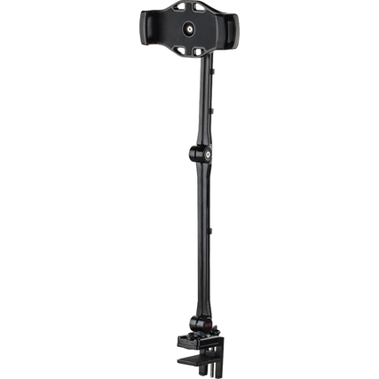 Tablethalterung mit verstellbarem Arm und Klemmschraube zur Befestigung an Tischplatten.