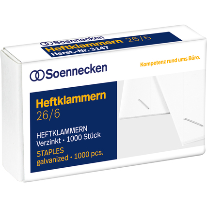 Verpackung mit 1000 verzinkten Heftklammern der Größe 26/6.