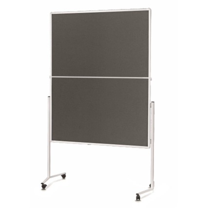 Moderationstafel aus grauem Filz mit beweglichem Gestell und Rollen, Rückansicht.