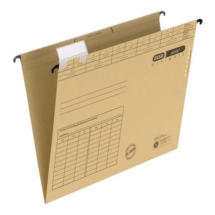 Beige Hängemappe mit Metall-Hängeschienen und beschreibbarem Bereich auf der Vorderseite.