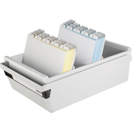 Heller Karteikasten DIN A5 mit verschiebbaren Sichtreitern und eingestellten Registerkarten.