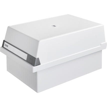 Lichtgrauer Karteikasten im Querformat mit abnehmbarem Deckel und Sichtreitern.