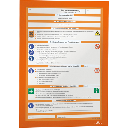 Oranger Magnetrahmen im DIN A4 Format mit Betriebsanweisung und Doppelseitigkeit.