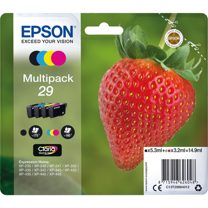 Tintenpatronen-Multipack in Verpackung mit einer Erdbeere als dekorativem Element im Hintergrund.
