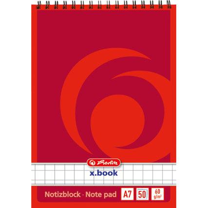 Karierter Notizblock im DIN A7 Format mit Spiralbindung und rotem Cover.
