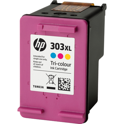 HP Tintenpatrone 303XL in cyan, magenta und gelb mit Etikett und verschiedenen Farbkreisen.