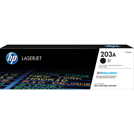 Schwarze HP Tonerkartusche 203A in Verpackung mit JetIntelligence für LaserJet-Drucker.