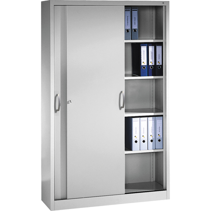 Schiebetürenschrank mit grau-weißer Oberfläche, geöffnet mit Regalen und Ordnern sichtbar.
