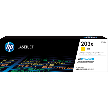 Gelbe HP Tonerkartusche 203X für Color LaserJet Pro in Originalverpackung.