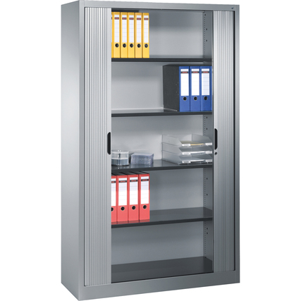 Rollladenschrank mit fünf Regalböden, gefüllt mit Ordnern in verschiedenen Farben, grau.
