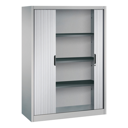 Rollladenschrank mit zwei Türen, vier Regalböden und Niveauregulierung, in Weißaluminium.