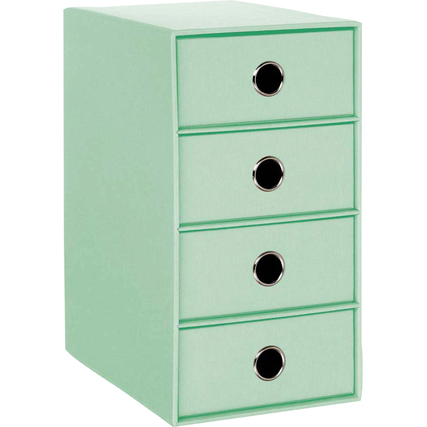 Mintfarbene Schubladenbox mit vier Schubladen und runden Griffen.