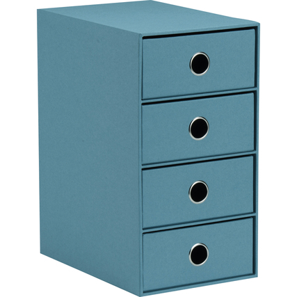 Schubladenbox mit vier Schubladen in Denimfarbe und kreisförmigen Griffen.