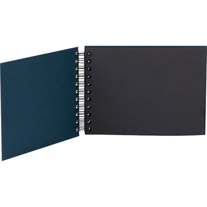 Offenes Fotoalbum in navy mit schwarzen Seiten und Drahtbindung.