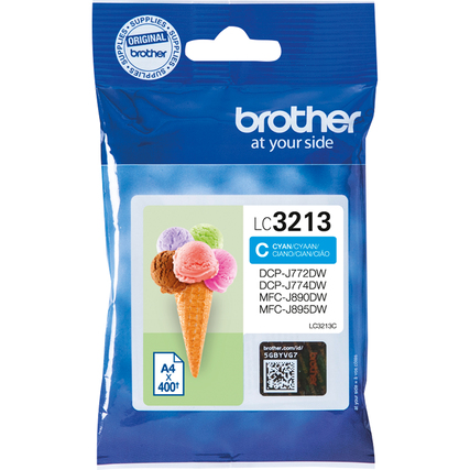 Cyanfarbene Tintenpatrone in Verpackung mit Eiscreme-Symbolen und Produktinformationen.