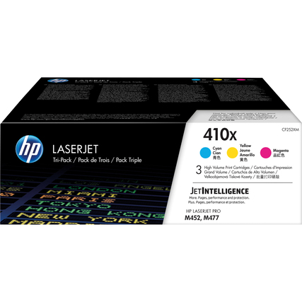 Tonerpackung mit drei Farbtonern in Cyan, Magenta und Gelb, Original HP, für LaserJet Drucker.