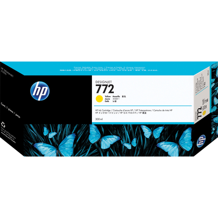 Gelbe HP Tintenpatrone 772 in Verpackung mit blauen Schmetterlingen auf schwarzem Hintergrund.