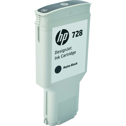 Schwarze matte Tintenpatrone 728 von HP für DesignJet Drucker in vertikaler Ansicht.