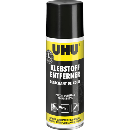 Spraydose mit UHU Klebstoffentferner in gelb-schwarzer Verpackung.