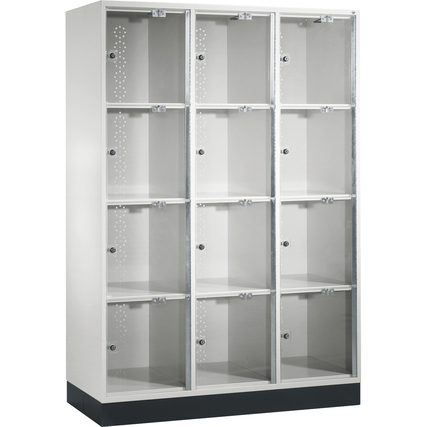 C+P Schließfachschrank Intro XL Acrylglas 1.220 x 1.750 x 500 mm (B x H x T) 3 Abteile 12 x 2 Schlüssel 67,72 kg 12 Fächer Produktbild pa_produktabbildung_1 XL