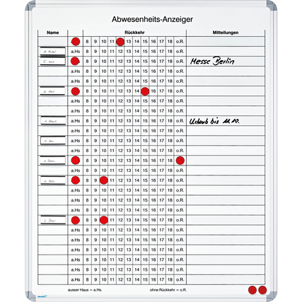 Anwesenheits- und Abwesenheitstafel mit farbigen Markierungen zur Anzeige von Anwesenheit.