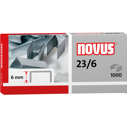 Verpackung mit Heftklammern der Größe 23/6, Sicht auf Klammern und Produktinformationen.