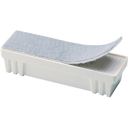 Tafelwischer mit abnehmbarem, grauem Reinigungstuch in weißem Gehäuse.