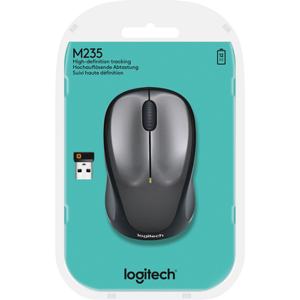 Graue optische PC-Maus in Verpackung, mit Unifying-Empfänger und einer transparenten Vorderseite.