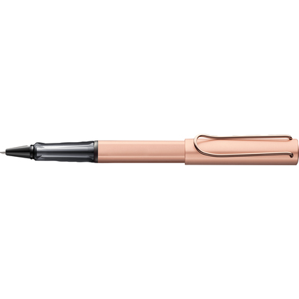 Tintenroller in rosegold mit transparentem Tintensichtfenster und verchromtem Clip.