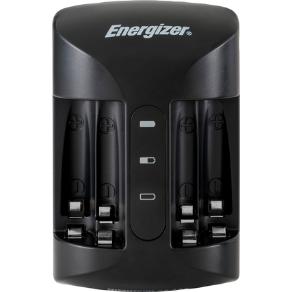 Energizer Akkuladegerät Pro Charger mit vier Schachtplätzen und LED-Anzeige für den Ladezustand.
