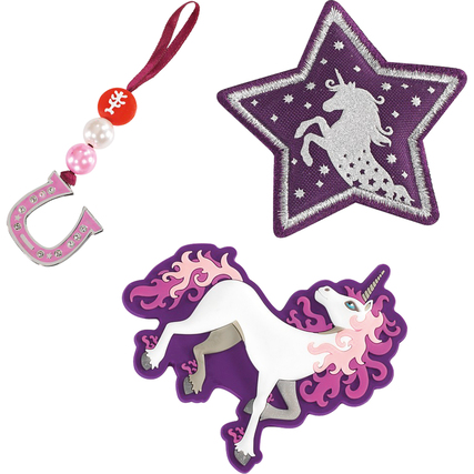 Drei Magic Mags in Form eines Einhorns, eines Sterns und eines Buchstabens C in lila und rosa.